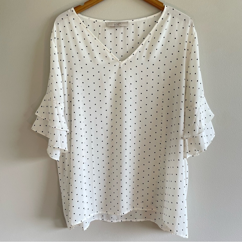 LOFT White Polka Dot Tiered Bell Sleeve V-Neck Blouse Size XXL